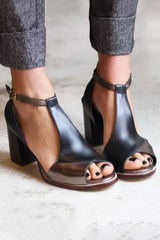 Anyao™ Elegant Block Heels with Open Toe in Black Patchwork – Perfect for Any Occasion - Threadford