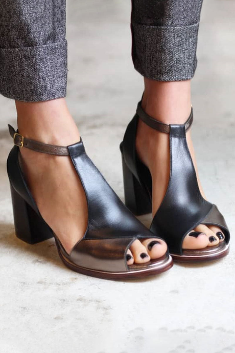Anyao™ Elegant Block Heels with Open Toe in Black Patchwork – Perfect for Any Occasion - Threadford