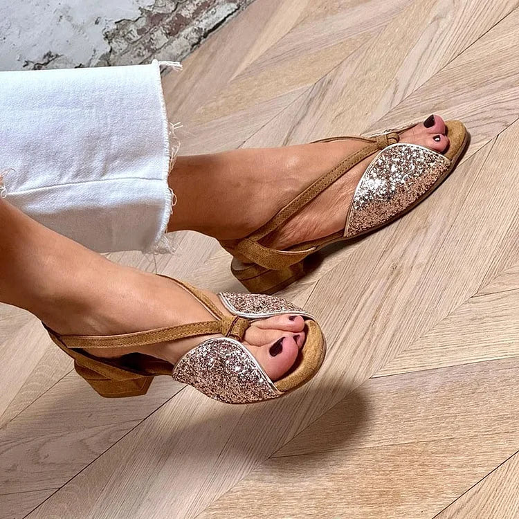 LUCREZIA | Elegant Glitter Sandals with Low Sole for a Chic and Comfortable Look - Threadford
