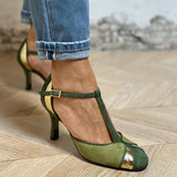 Alona™ | Elegant patchwork décolleté with T-strap and closed toe for a refined style - Threadford