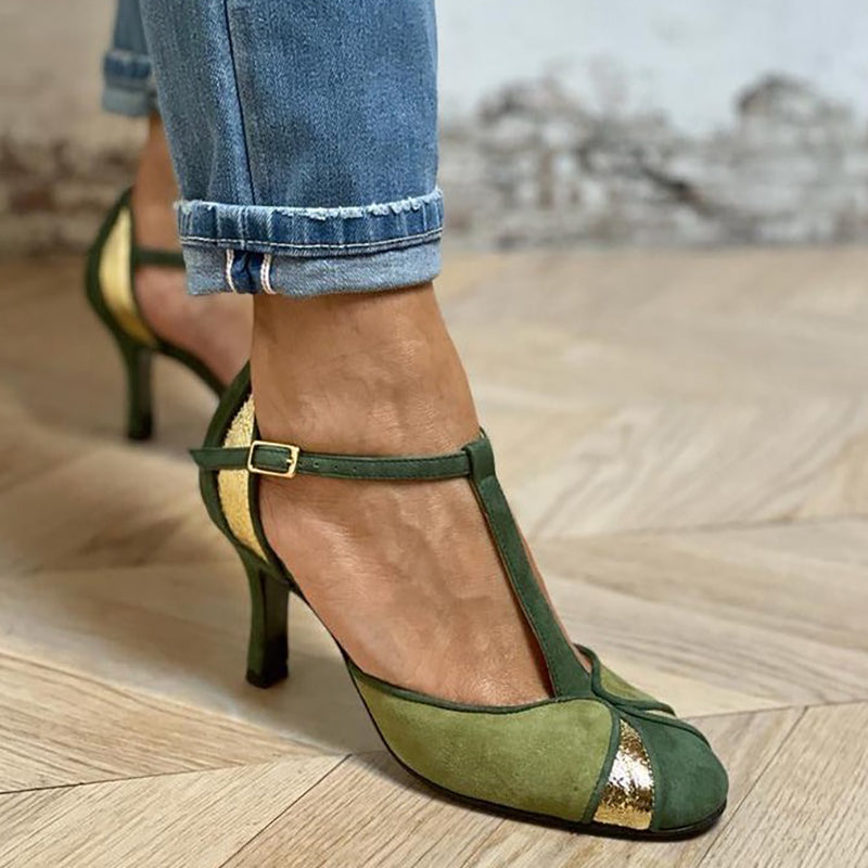 Alona™ | Elegant patchwork décolleté with T-strap and closed toe for a refined style - Threadford