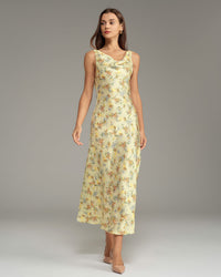 Apricot Floral Cowl Neck Sleeveless Maxi Dress