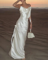 Beige Ruched Backless Slip Maxi Dress - Threadford