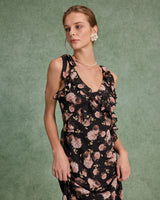 Black Floral Ruffle Sleeveless Maxi Dress - Threadford