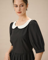 Black Contrasting Puffed Sleeve Maxi Dress - Threadford