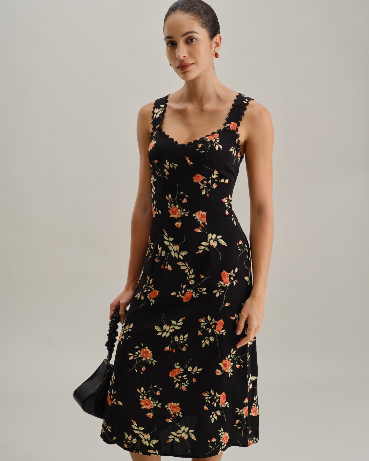 Black Floral Shirred Slip Maxi Dress - Threadford