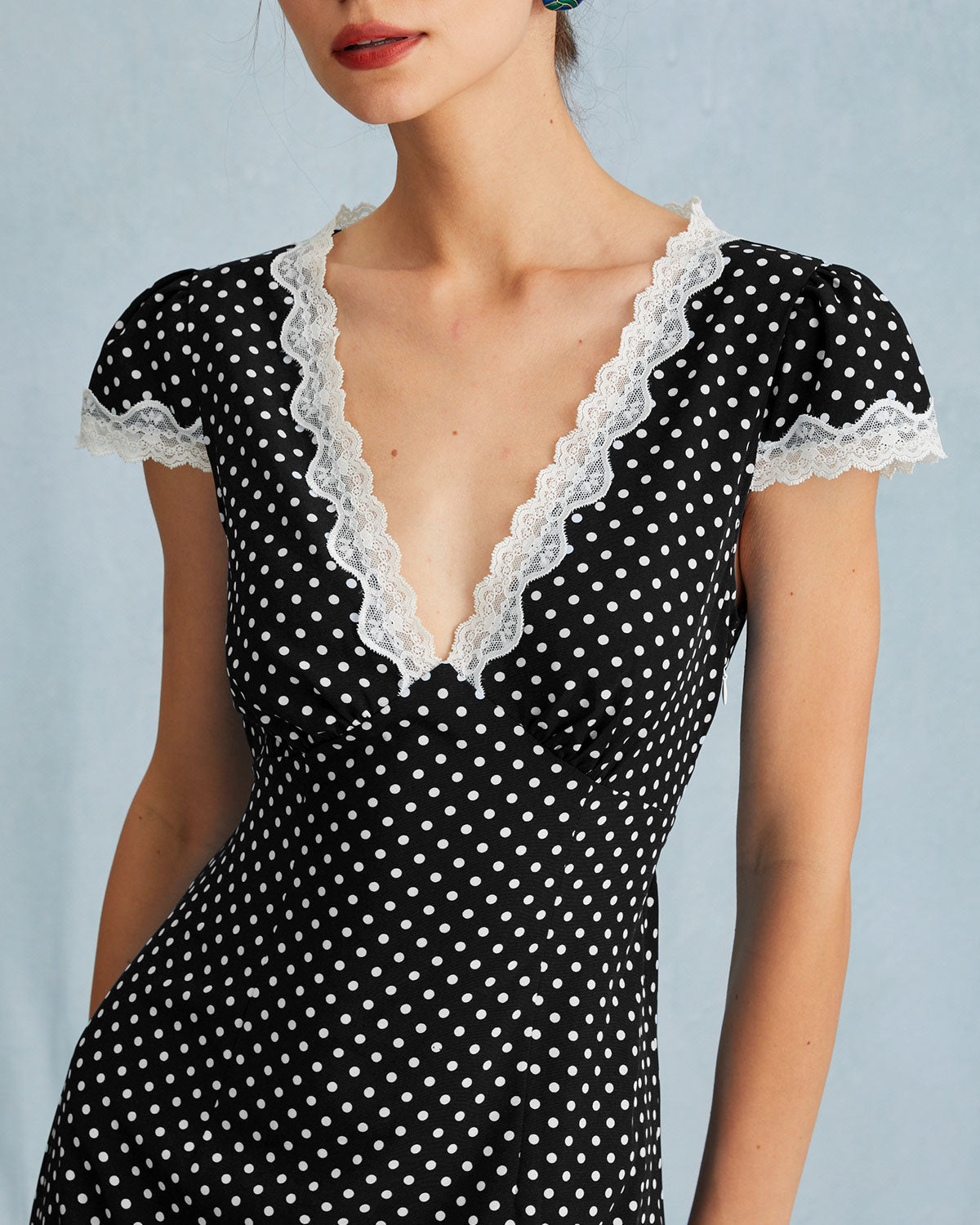 Black Polka Dot Lace Trim Maxi Dress - Threadford