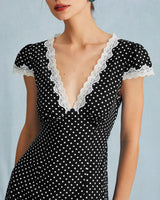 Black Polka Dot Lace Trim Maxi Dress - Threadford