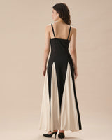 Women's Black Contrasting Pleated Slip Maxi Dress - Threadford