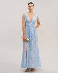 Blue Jacquard Slit Sleeveless Maxi Dress