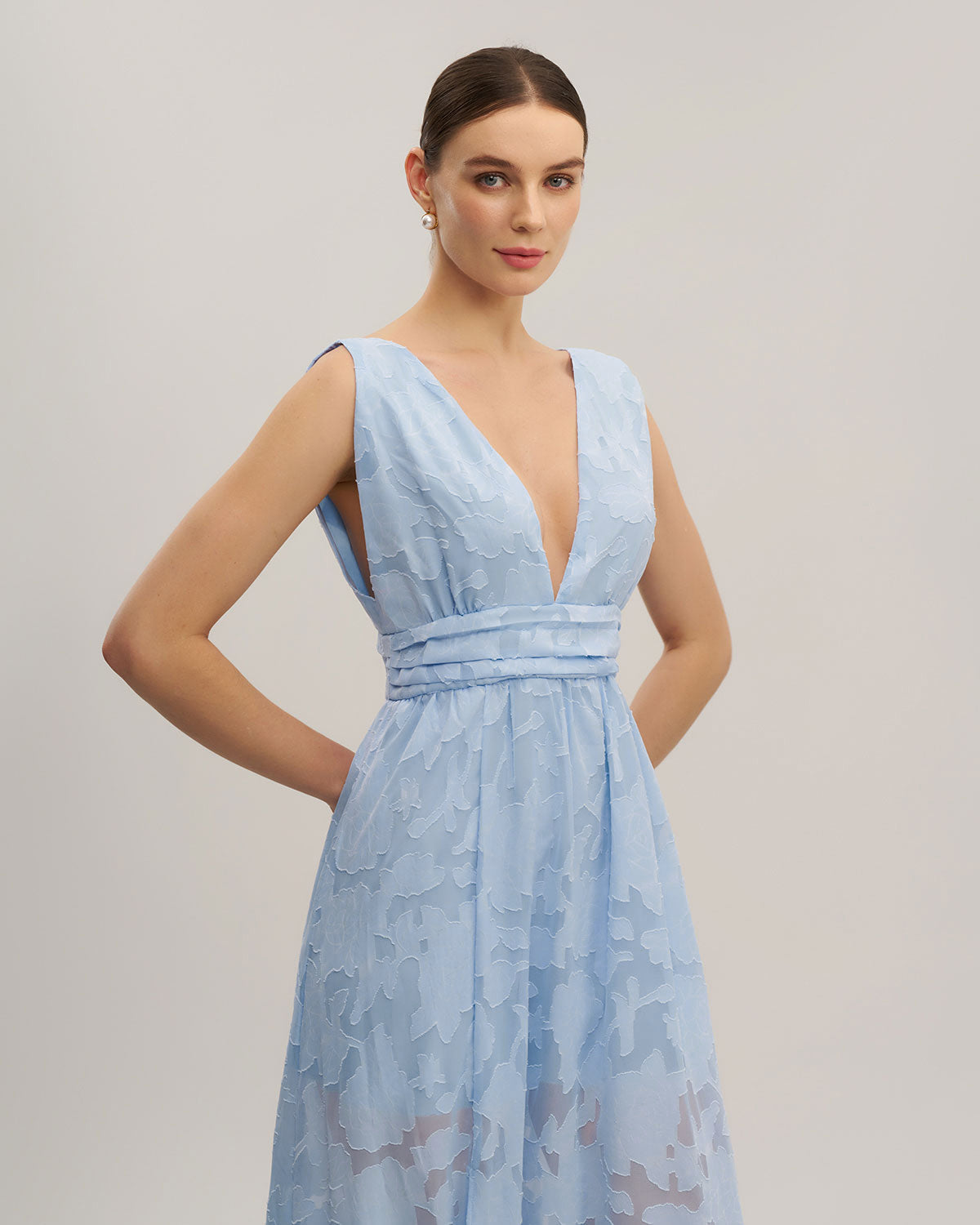 Blue Jacquard Slit Sleeveless Maxi Dress - Threadford