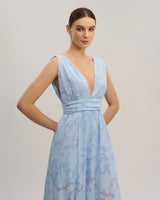 Blue Jacquard Slit Sleeveless Maxi Dress - Threadford