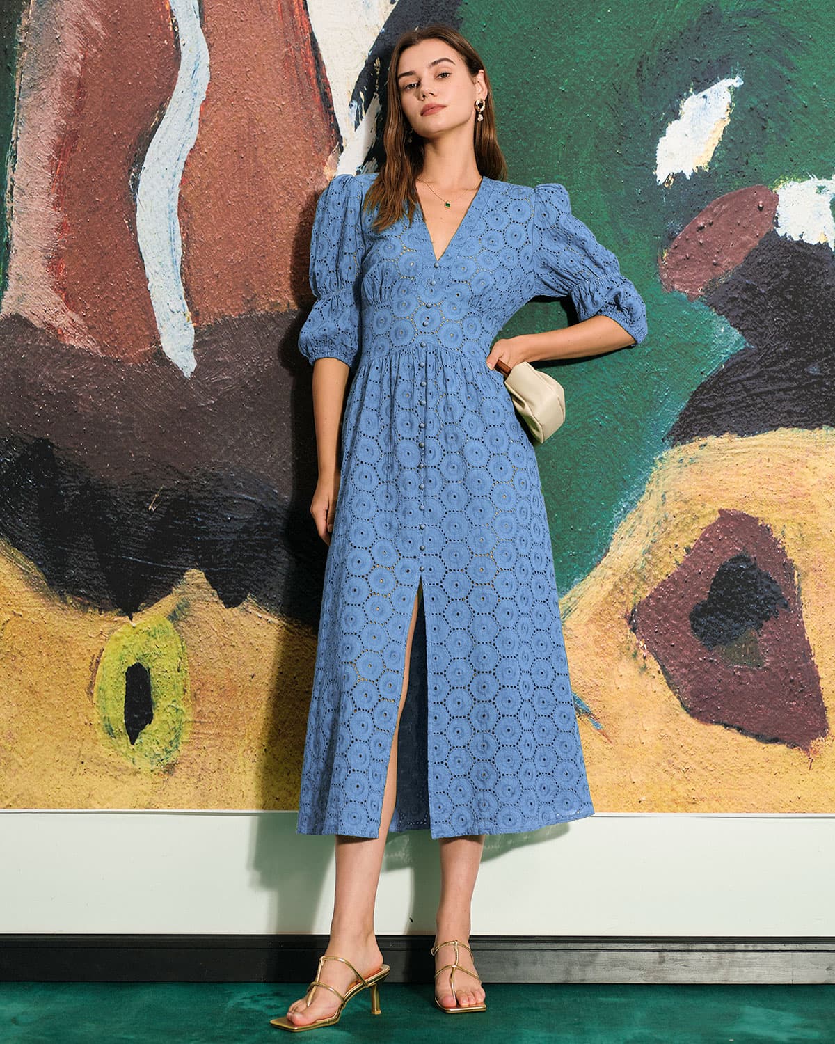 The Blue Puff Sleeve Cutout Slit Maxi Dress - Threadford
