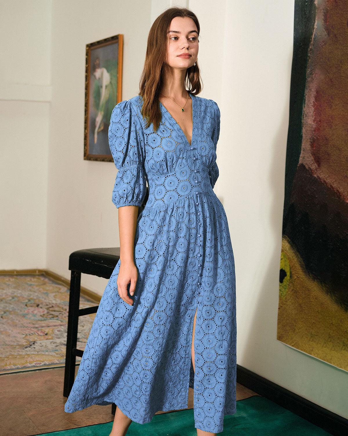 The Blue Puff Sleeve Cutout Slit Maxi Dress - Threadford