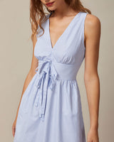 The Blue V Neck Shirred Striped Maxi Dress - Threadford