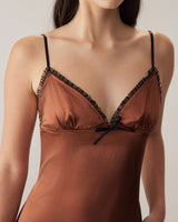 Brown Chiffon V Neck Slip Maxi Dress - Threadford