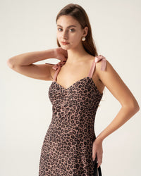 Brown Leopard Sweetheart Neck Slip Maxi Dress