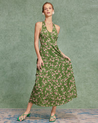 Abito lungo con scollo all'americana e arricciatura floreale verde
