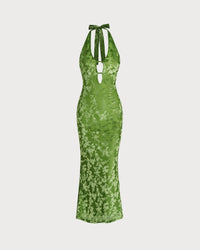 Green Floral Bodycon Halter Maxi Dress