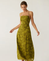 Green Floral Ruched Backless Slip Maxi Dress - Threadford