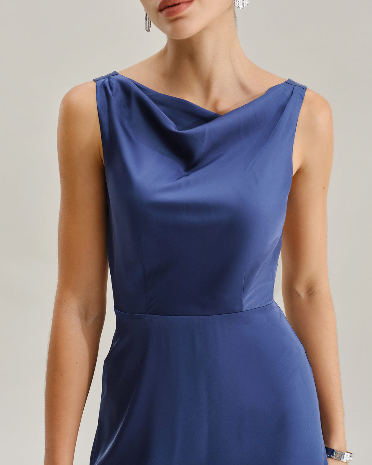 Navy Cowl Neck Satin Sleeveless Maxi Dress - Threadford