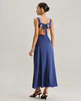 Navy Cowl Neck Satin Sleeveless Maxi Dress - Threadford