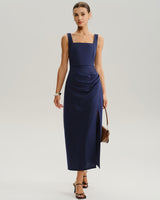 Navy Ruched Slit Slip Maxi Dress - Threadford