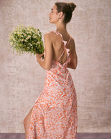The Orange V Neck Floral Ruffle Maxi Dress - Threadford