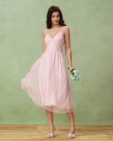 Pink V Neck Backless Slip Midi Dress - Threadford
