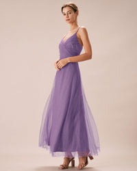 Purple Mesh Wrap Slip Maxi Dress