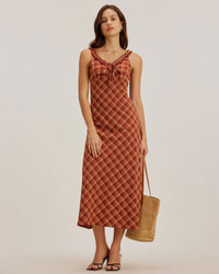 Red Plaid V Neck Slip Maxi Dress