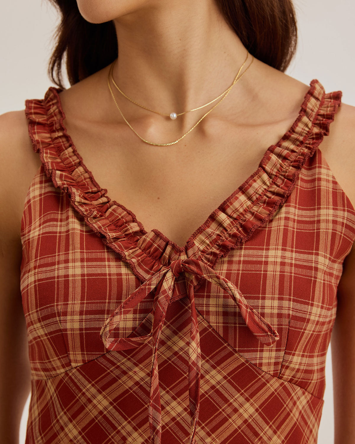 Red Plaid V Neck Slip Maxi Dress - Threadford