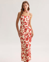 Red Floral Bodycon Slip Maxi Dress