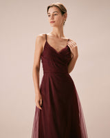 The Wine Red V Neck Mesh Wrap Maxi Dress - Threadford