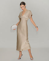 Apricot V Neck A-Line Satin Midi Dress - Threadford