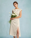 The Apricot Satin Cap Sleeve Sheath Slit Midi Dress - Threadford