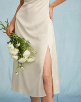 The Apricot Satin Cap Sleeve Sheath Slit Midi Dress - Threadford