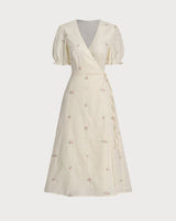 Beige Embroidery Puffed Sleeve Wrap Midi Dress - Threadford