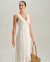 Beige Polka Dot V-Neck Midi Dress - Threadford