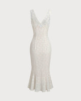 Beige Polka Dot V-Neck Midi Dress - Threadford