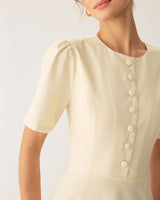 Beige Puffed Sleeve Button Midi Dress - Threadford