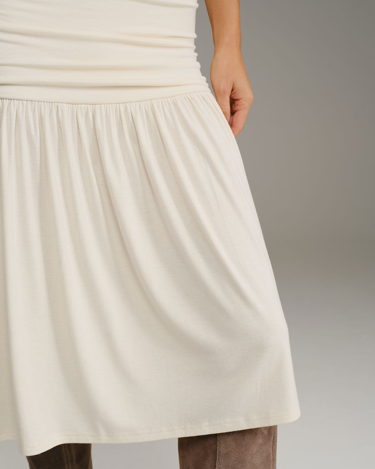 Beige Ruched A-Line Slip Midi Dress - Threadford