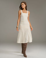 Beige Ruched A-Line Slip Midi Dress - Threadford