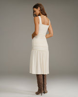 Beige Ruched A-Line Slip Midi Dress - Threadford