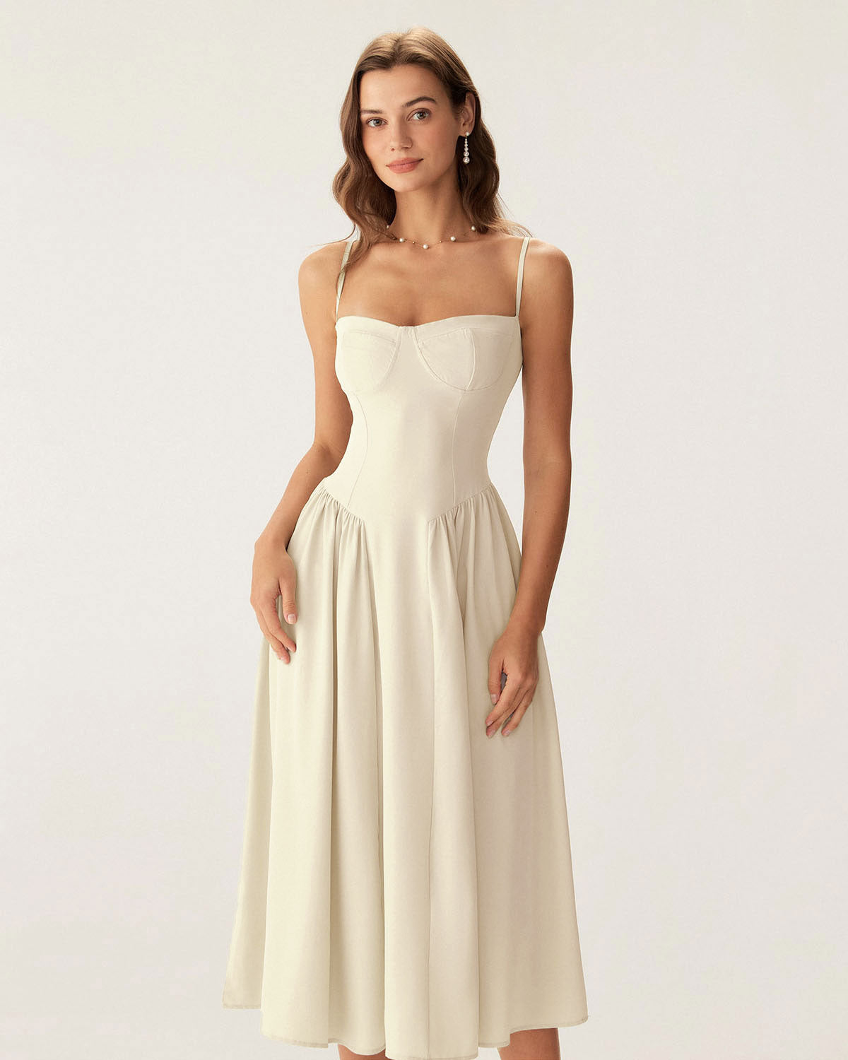 Beige Square Neck Pocket Slip Midi Dress - Threadford