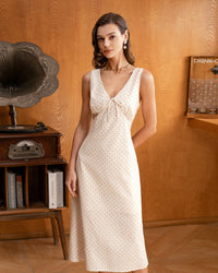 Beige V-neck Ruched Sleeveless Midi Dress