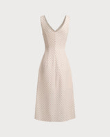 Beige V-neck Ruched Sleeveless Midi Dress - Threadford