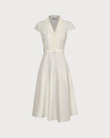 The Beige Lapel Cap Sleeve Shirt Midi Dress - Threadford