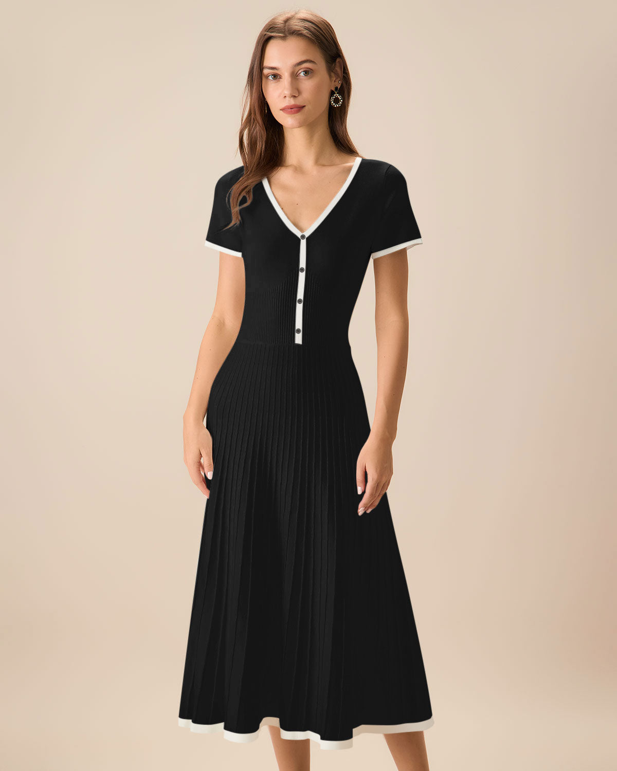 Black Contrasting Sweater Midi Dress - Threadford