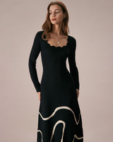The Black Wave Scalloped Sweater Midi Dress - Threadford